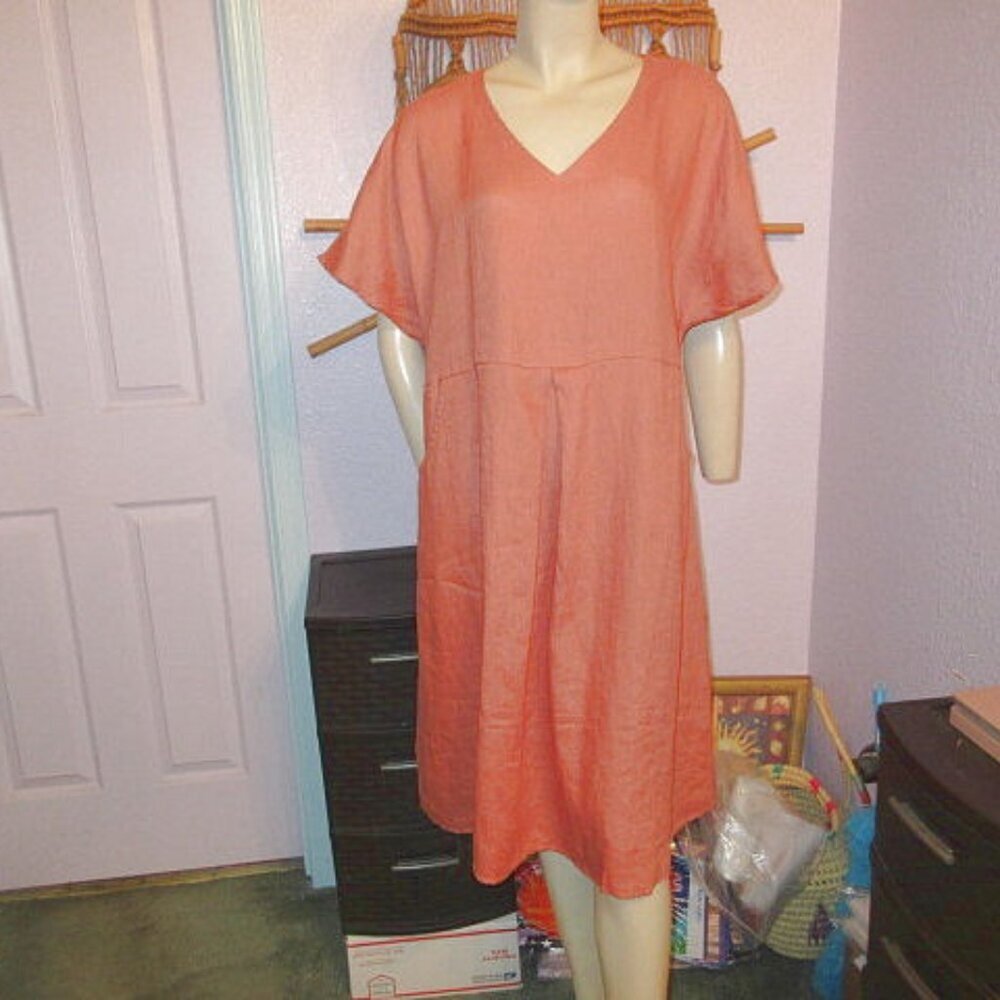 Grae Cove Linen Midi Dress Womens Size XXL 2X Pockets Pleated Lagenlook Coastal